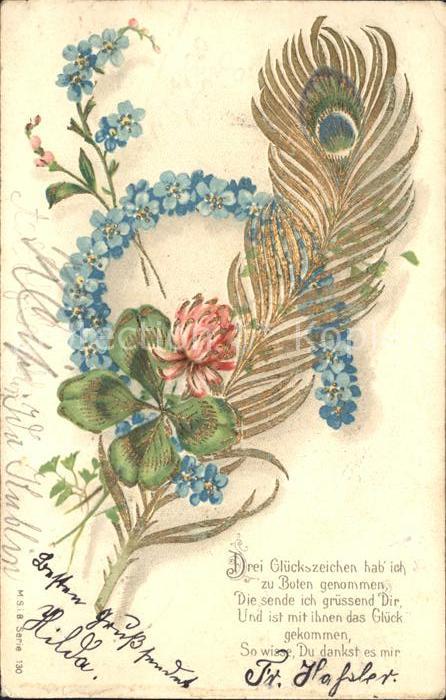 Kleeblatt Cloverleaf Trebol Trefle Pfauenfeder Vergissmeinnicht Gedicht Litho