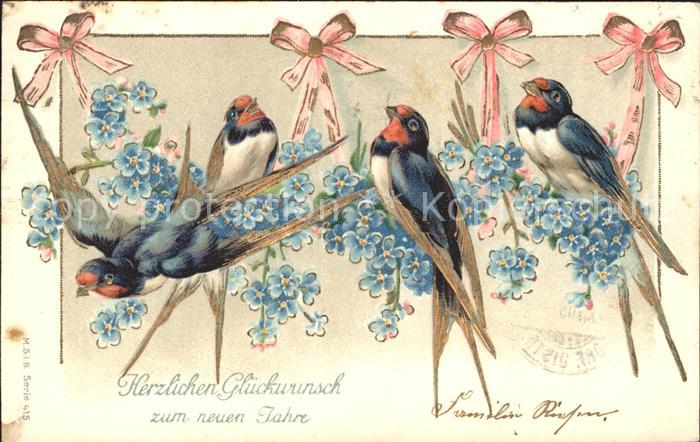 Neujahr Schwalben Vergissmeinnicht Schleifen Litho
