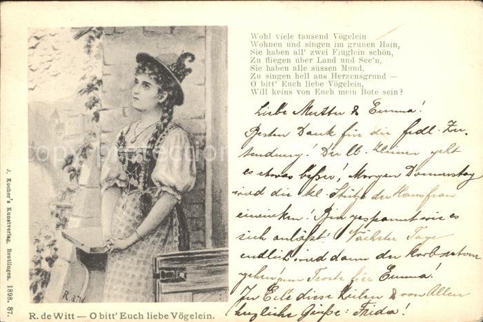 Kuenstlerkarte R. de Witt O bitt Euch liebe Voegelein Gedicht Frau Tracht