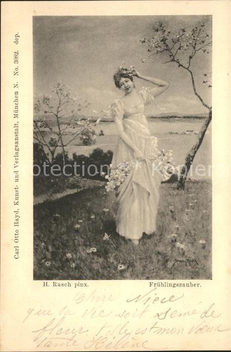 Kuenstlerkarte H. Rasch Fruehlingszauber Frau Blumen