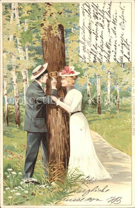 Kuenstlerkarte Ulrich Weber Paar Hutmode Buchstaben Baum ritzen Litho