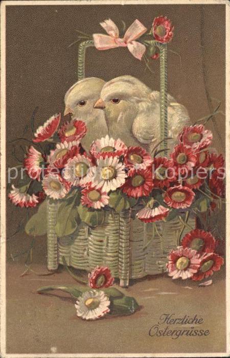 Ostern Easter Paques Kueken Korb Gaensebluemchen Litho