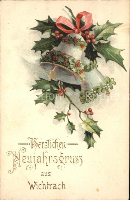 Kirchenglocke Churchbell Cloche Eglise Stechpalme Mistel Neujahr Litho