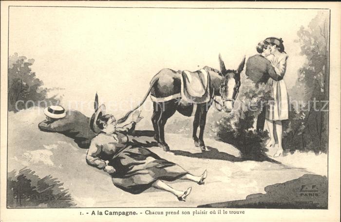 Esel Tiere Paar Kuss Künstlerkarte H. Crausaz A la