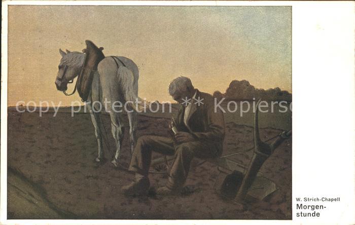 Kuenstlerkarte W. Strich-Chapell Morgenstunde Pferd Landwirtschaft Pflug