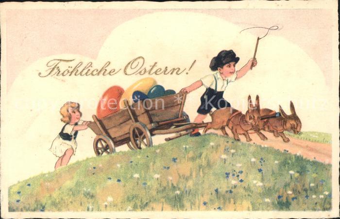 Ostern Easter Paques Hasen Ostereier Kinder Holzwagen