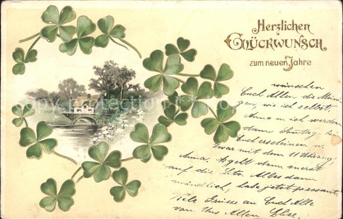 Neujahr Glückwunsch Kleeblätter Litho