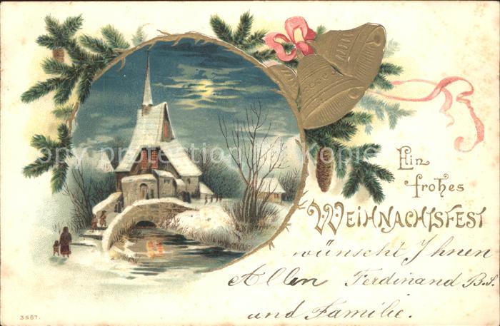 Kirchenglocke Churchbell Cloche Eglise Weihnachten Litho Tannenzapfen