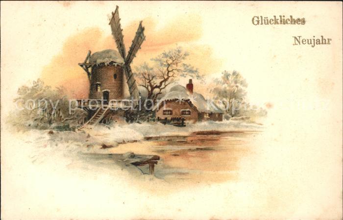 Neujahr Windmühle Litho