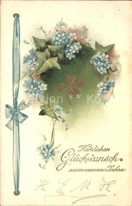 Neujahr Vergissmeinnicht Kleeblatt Litho
