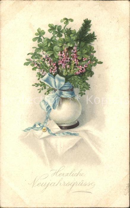 Neujahr Vase Brief Kleeblätter Litho