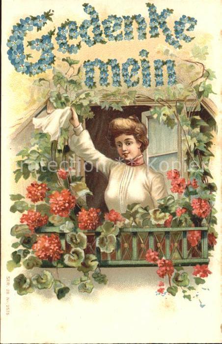 Blumen Frau Abschied Gedenke mein Litho