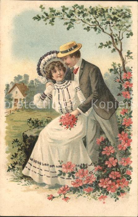 Paare Hutmode Blumen Litho