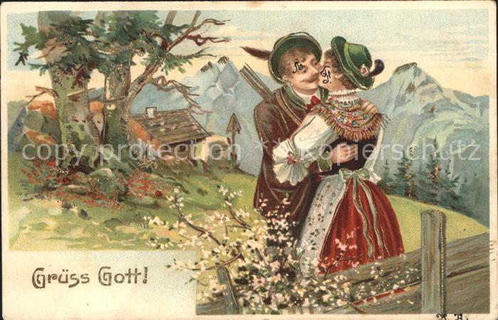 Paare Kuss Trachten BergE Natur Litho