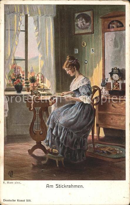 Kuenstlerkarte E. Horst Am Stickrahmen Deutsche Kunst Nr. 510