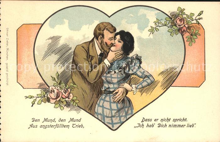 Poesie Gedicht Paar Kuss Herz Rosen Litho