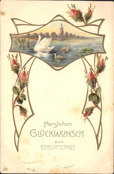 Geburtstag Schwan Blumen Litho
