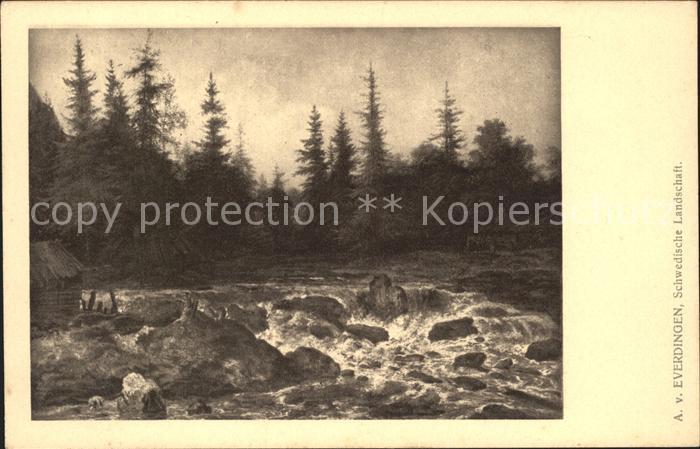 Kuenstlerkarte A. v. Everdingen Schwedische Landschaft Pastilles Valda Werbung