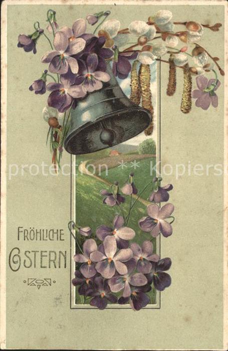Kirchenglocke Churchbell Cloche Eglise Ostern Veilchen Weidenkaetzchen Litho