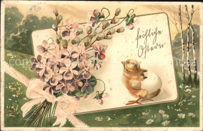 Ostern Easter Paques Veilchen Weidenkaetzchen Kueken Ei Litho