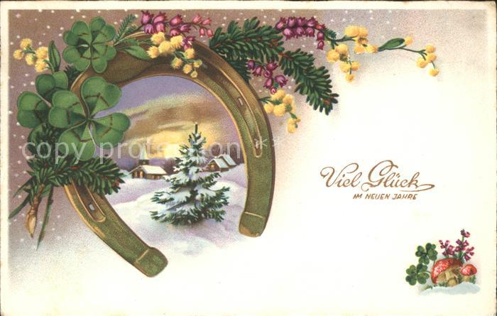 Hufeisen Neujahr Glueck Kleeblatt Pilze Litho