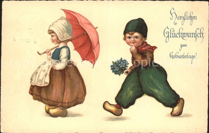Kinder Hollandtracht Regenschirm Glückwunsch Geburtstag Blum