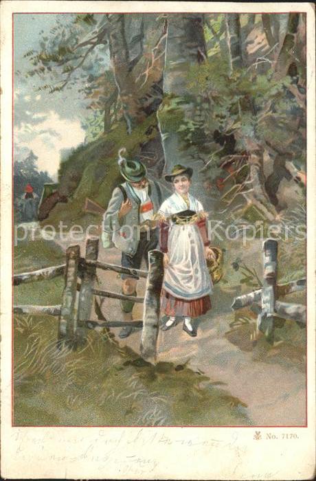 Jagd Jaeger Frau Tracht Litho