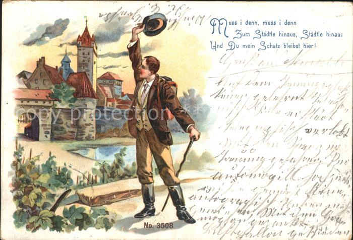 Liederkarte Muss i denn muss i denn zum Staedtle hinaus Wanderer Litho