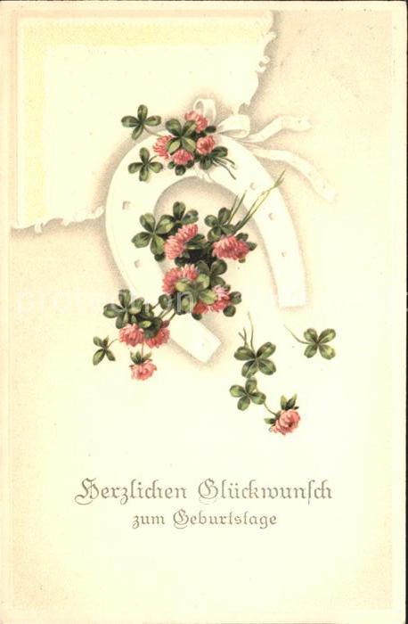 Hufeisen Kleeblaetter Kleeblumen Glueckwunsch Geburtstag Litho