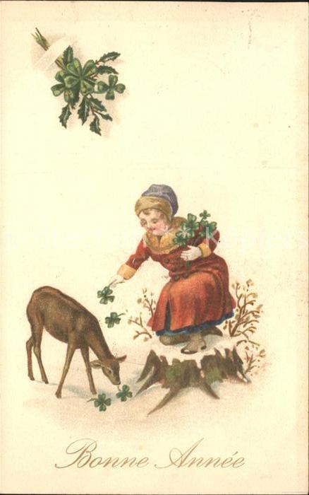 Neujahr Reh Kinf Kleeblätter Litho