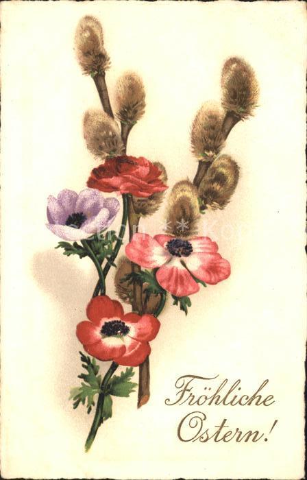 Ostern Easter Paques Anemonen Weidenkaetzchen Litho