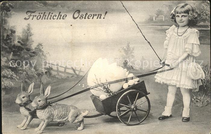 Ostern Easter Paques Hasen Wagen Kind Eier Weidenkaetzchen