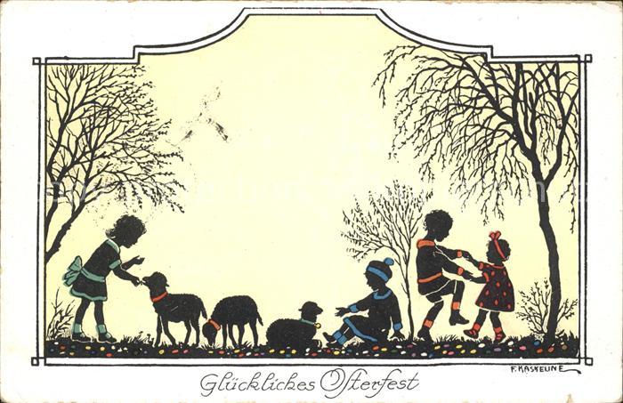 Scherenschnitt Schattenbildkarte F. Kaskeune Ostern Kinder Schafe