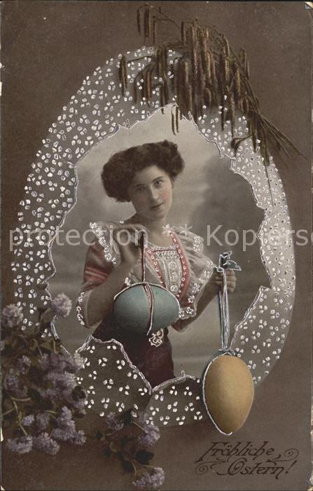 Ostern Easter Paques Frau Ostereier Weidenkaetzchen Blumen