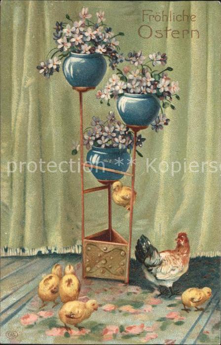 Ostern Easter Paques Huhn Küken Veilchen Vasen Litho