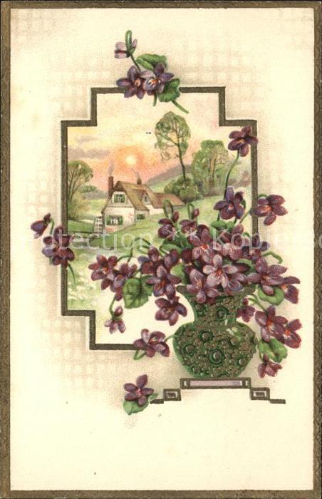 Blumen Veilchen Vase Wassermühle Litho