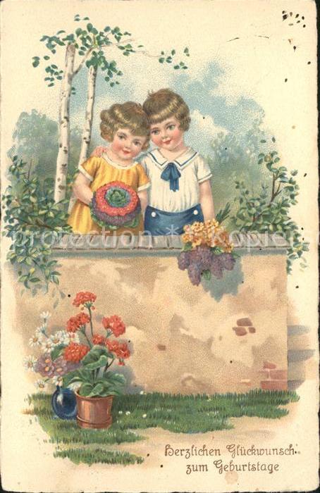 Kinder Child Enfants Glueckwunsch Geburtstag Blumen Litho