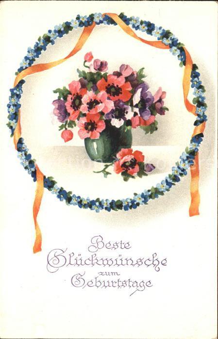 Geburtstag Glueckwunsch Anemonen Blumenkranz Vergissmeinnicht
