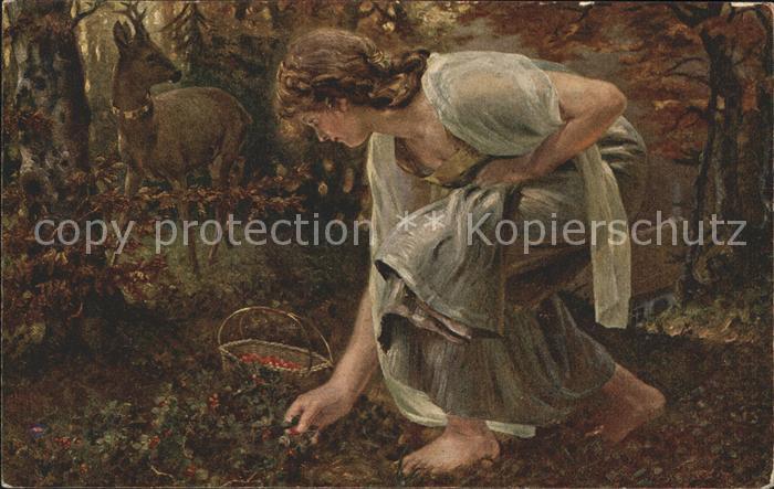 Kuenstlerkarte H. Neuhaus Ein Maerchen Wald Hirsch Beeren Frau