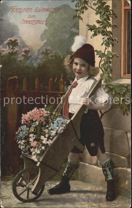 Namenstag Namenskarte Kind Blumen Schubkarre Krawatte