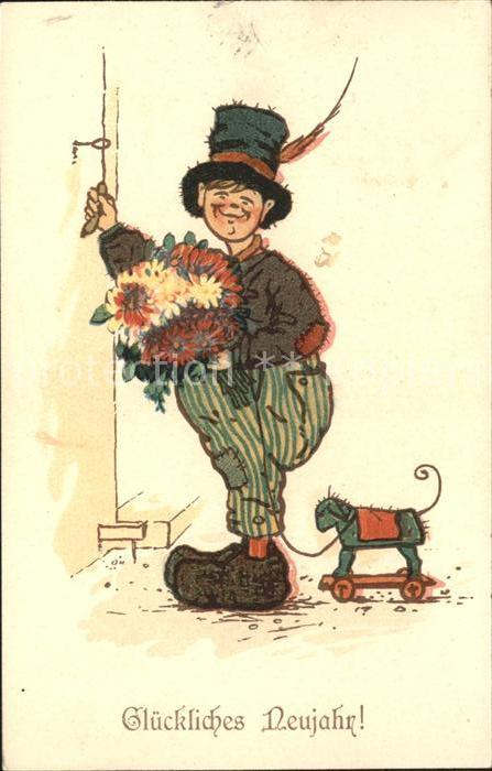 Neujahr Kind Blumen Rollpferd