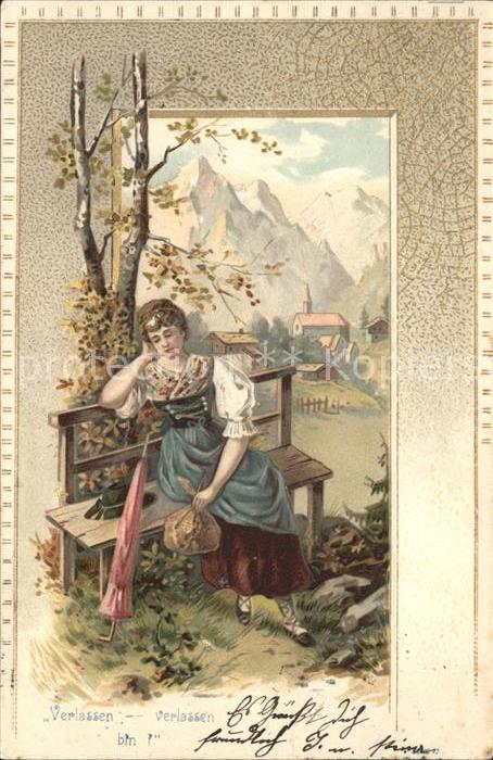 Liederkarte Verlassen verlassen bin i Frau Tracht Berge Litho