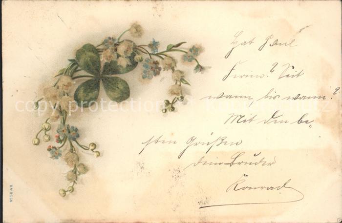 Kleeblatt Cloverleaf Trebol Trefle Maiglöckchen Vergissmeinnicht Litho