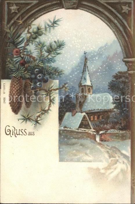 Tannenzapfen Kirche Weihnachten Litho