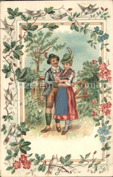 Paare Trachten Vögel Blumen Litho