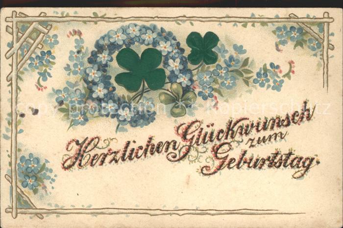 Geburtstag Glueckwunsch Kleeblaetter Vergissmeinnicht Hufeisen Litho