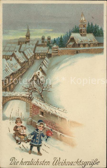 Schlitten Schnee Kinder Geschenk Blumen Weihnachten Litho