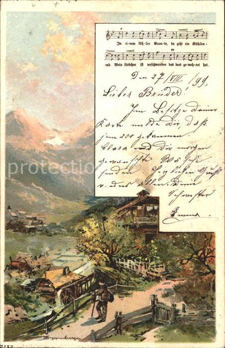 Liederkarte In einem kuehlen Grunde Wassermuehle Wanderer Litho