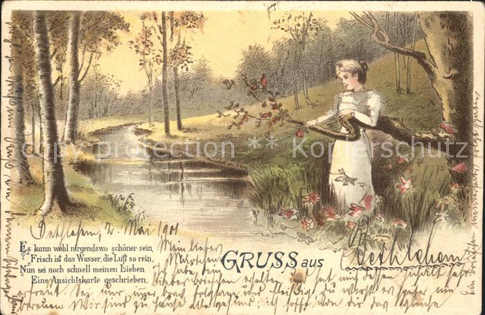 Gedicht auf AK Frau Fluss Baeume Natur Litho