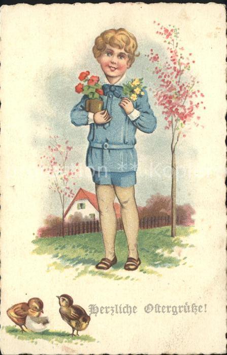 Kinder Child Enfants Ostern Kueken Blumen Litho